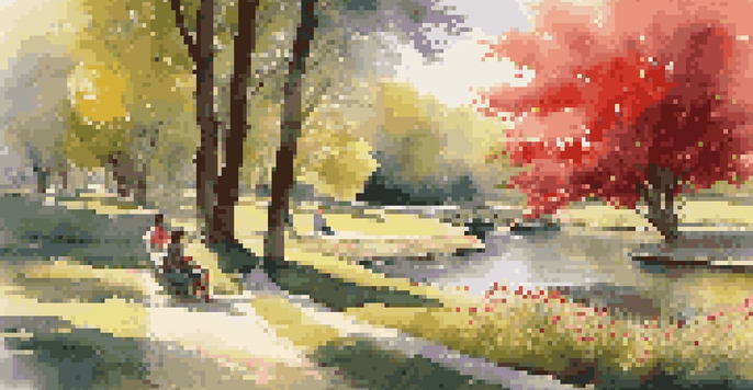 A peaceful park with a stream, people relaxing on benches, and flowers blooming in a sunlit setting.