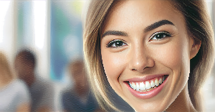 A close-up of a bright, clean smile with white teeth in a dental office setting.