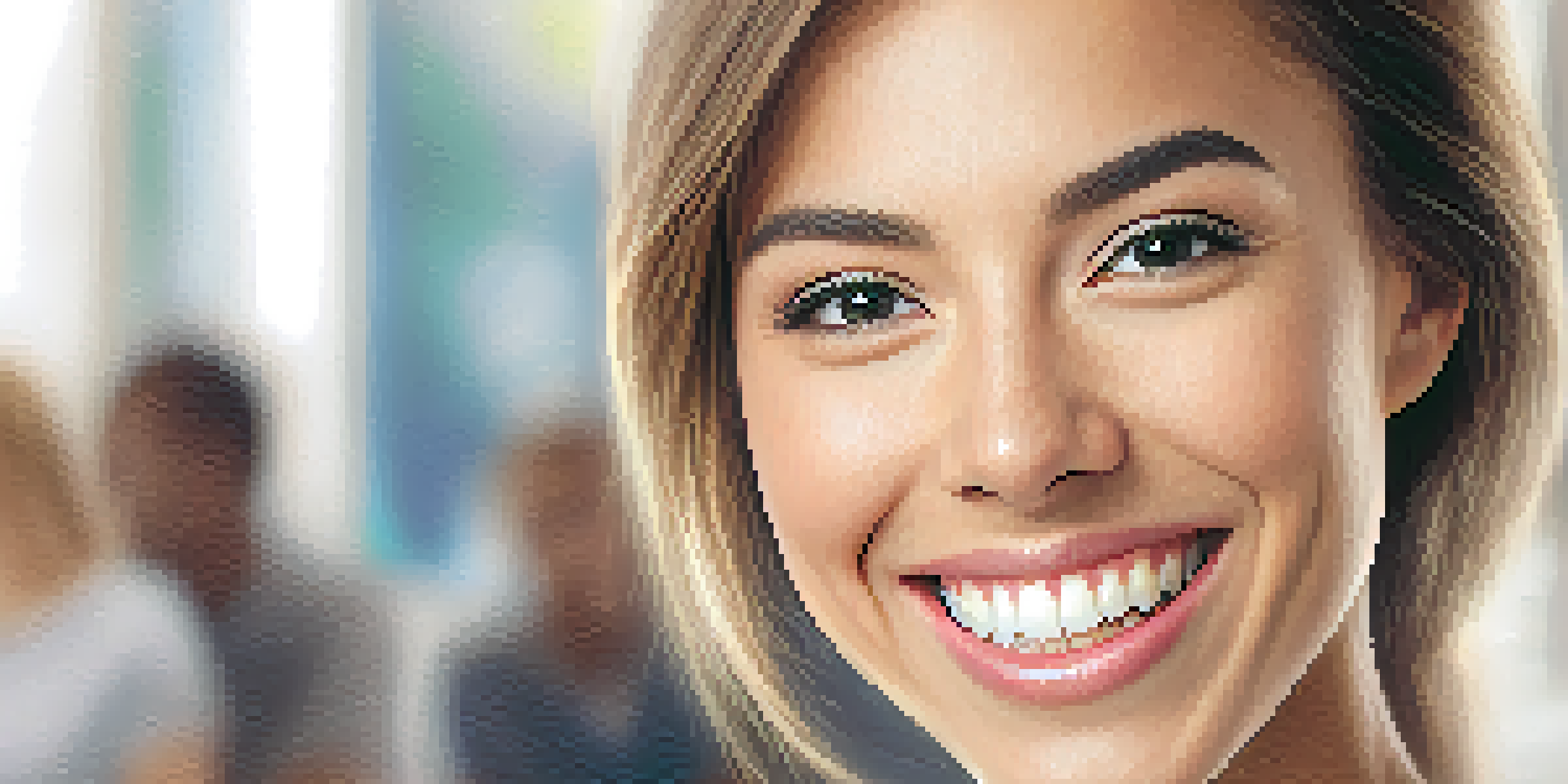 A close-up of a bright, clean smile with white teeth in a dental office setting.
