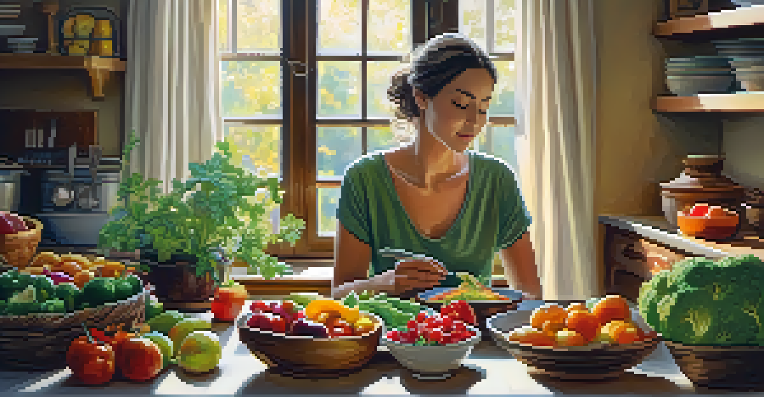 A person thoughtfully appreciating a colorful array of fresh vegetables and fruits in a warm, inviting kitchen setting.