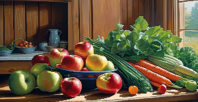 A variety of colorful fruits and vegetables arranged on a wooden table, illuminated by natural sunlight.