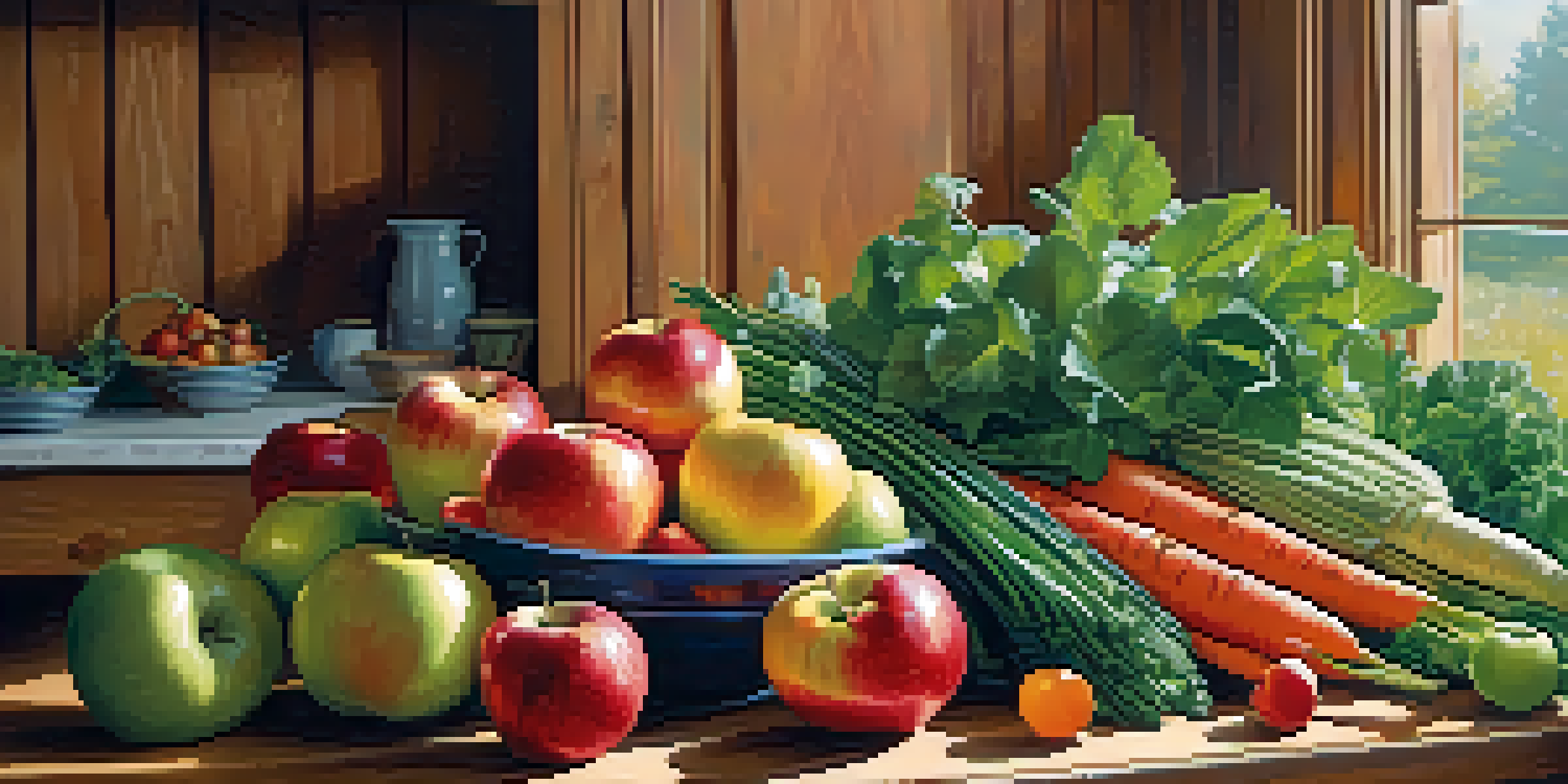 A variety of colorful fruits and vegetables arranged on a wooden table, illuminated by natural sunlight.