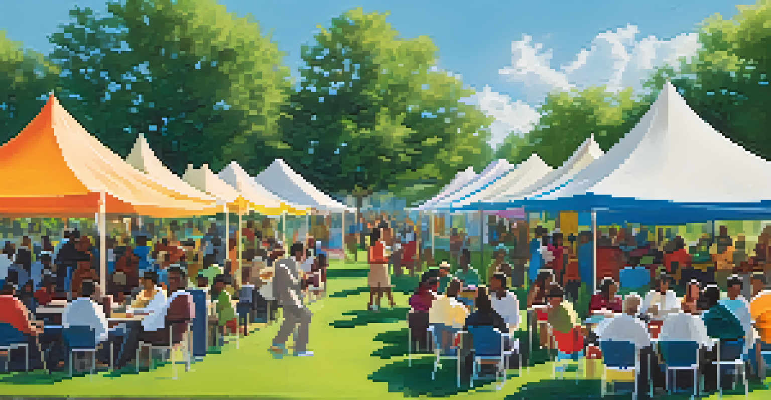 A vibrant outdoor community workshop where diverse individuals discuss financial literacy under colorful tents.