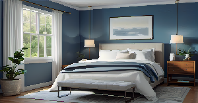 A peaceful bedroom with blue walls, soft lighting, and a neatly made bed, designed for restful sleep.
