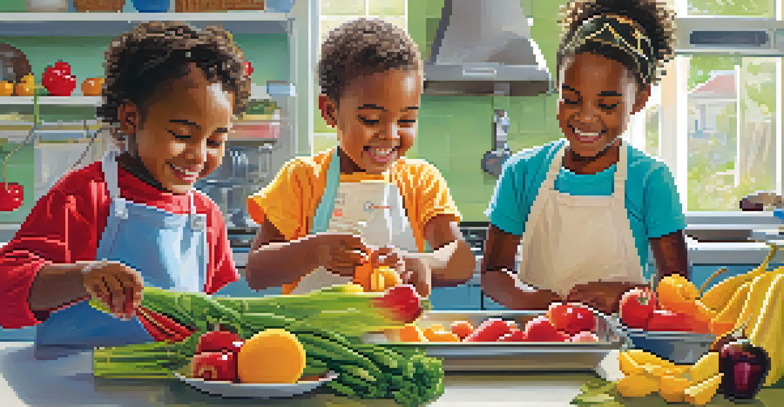 Children happily choosing fruits and vegetables in a bright kitchen while preparing a meal.