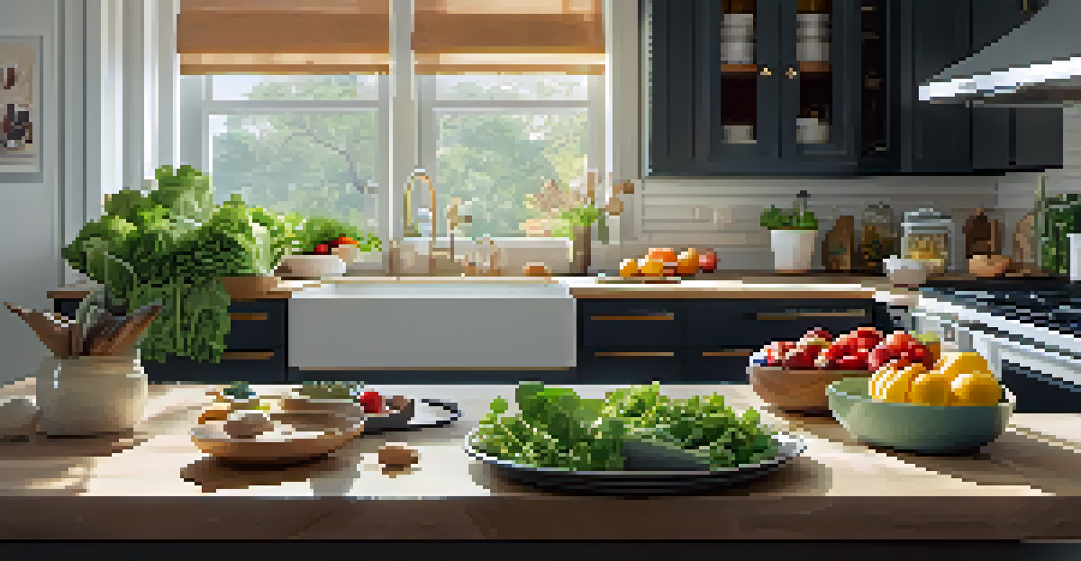 A kitchen meal prep area with fresh ingredients and organized meal containers, emphasizing meal planning.