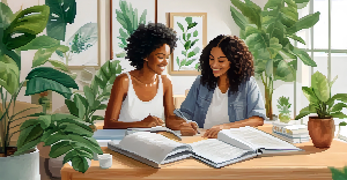 A bright room with plants, featuring a wellness coaching session between two individuals discussing with notebooks and wellness materials on the table.