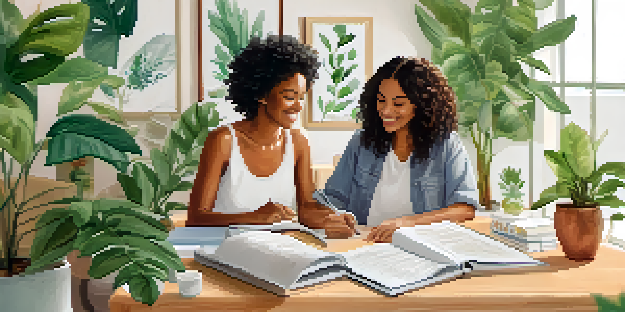 A bright room with plants, featuring a wellness coaching session between two individuals discussing with notebooks and wellness materials on the table.