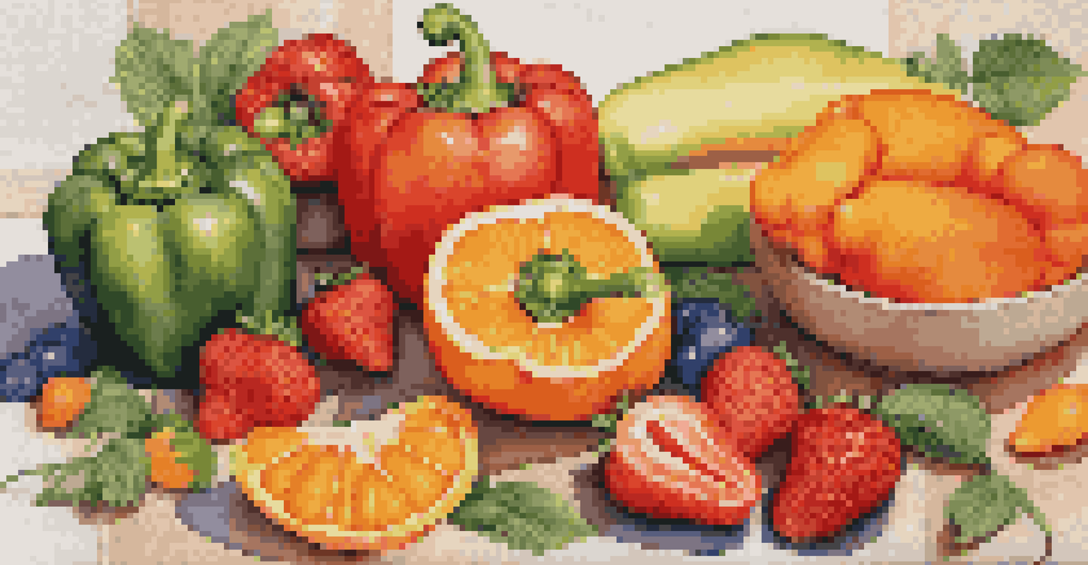 A flat lay of colorful Vitamin C-rich foods like bell peppers, strawberries, and papaya on a textured cloth.