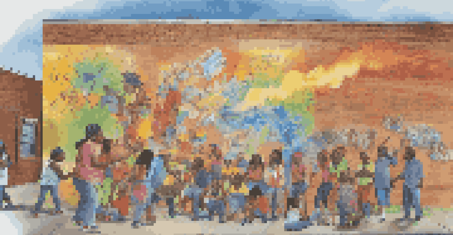 A colorful mural created by local youth artists promoting anti-smoking messages, with community members admiring the artwork in front of a brick wall.