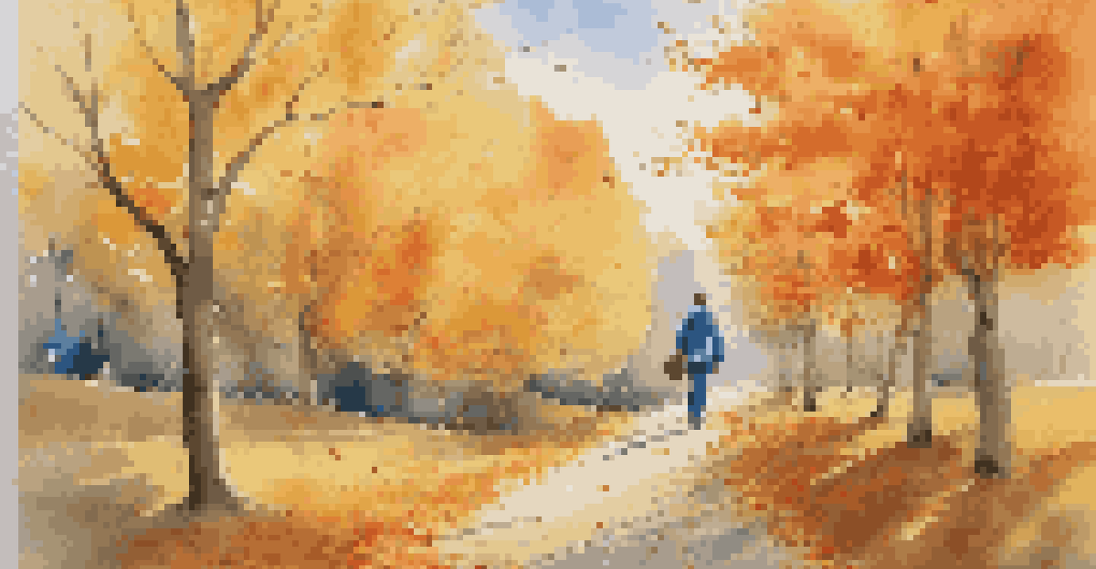 A vibrant autumn landscape with colorful falling leaves and a person walking on a path.