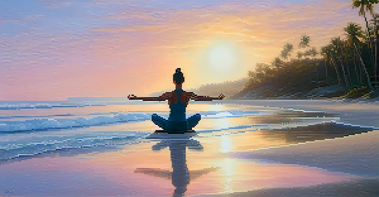 A person practicing yoga on a beach at sunrise, surrounded by gentle waves and a serene atmosphere.