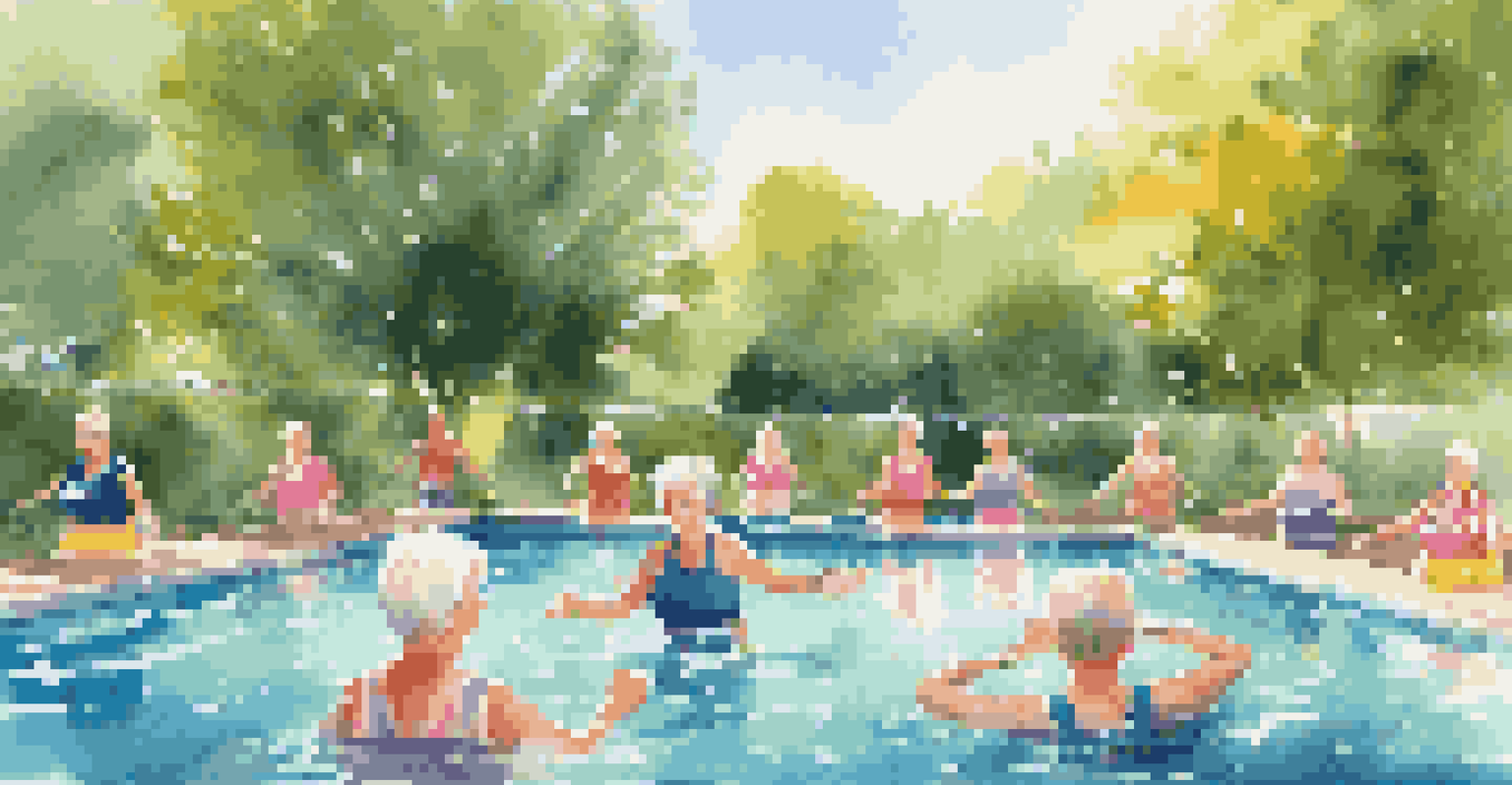 Seniors engaging in water aerobics in a sunny pool, using floatation devices and resistance bands.