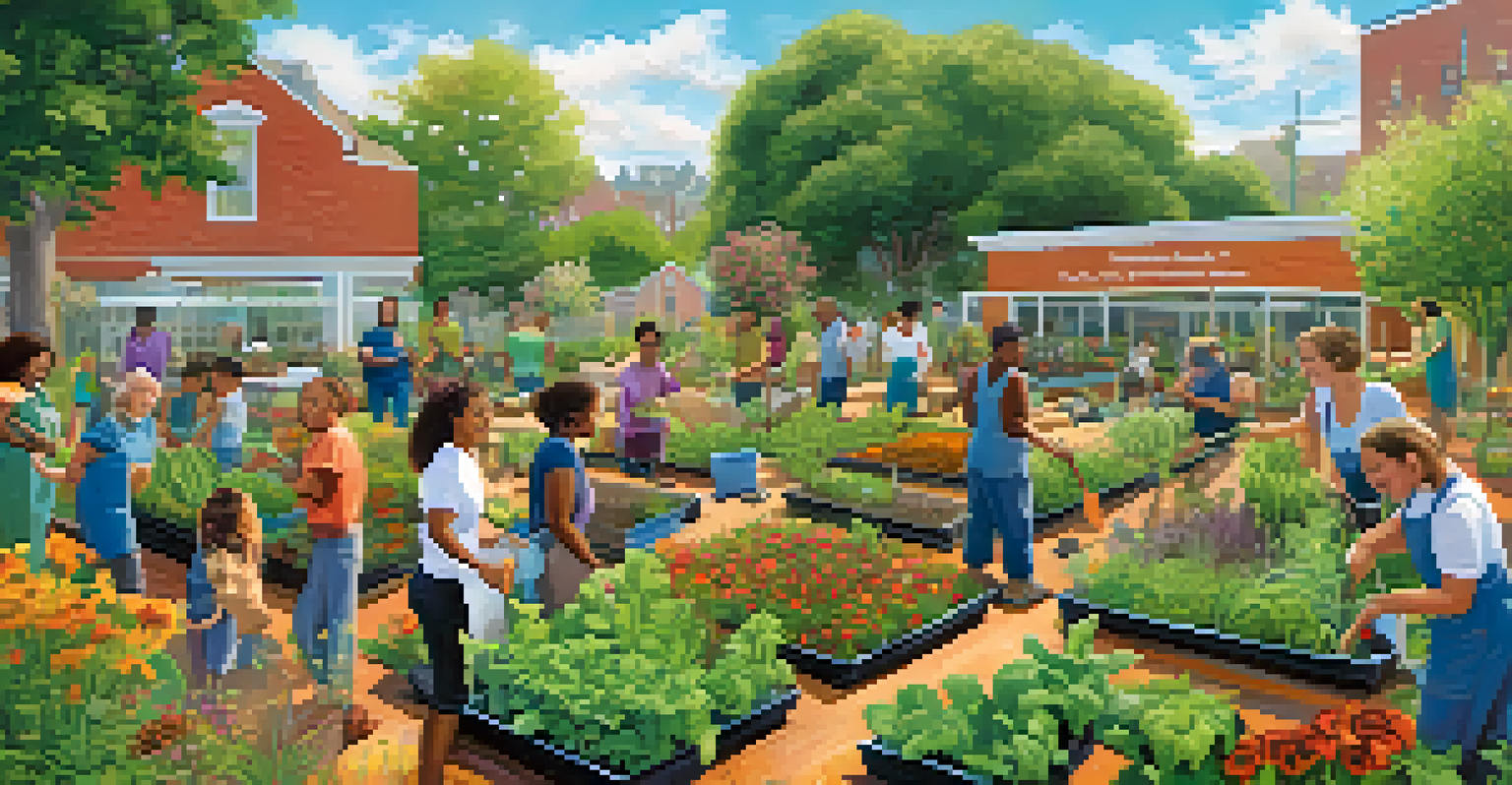 A diverse group of people collaborating in a vibrant community garden, planting seeds and enjoying the sunny day.