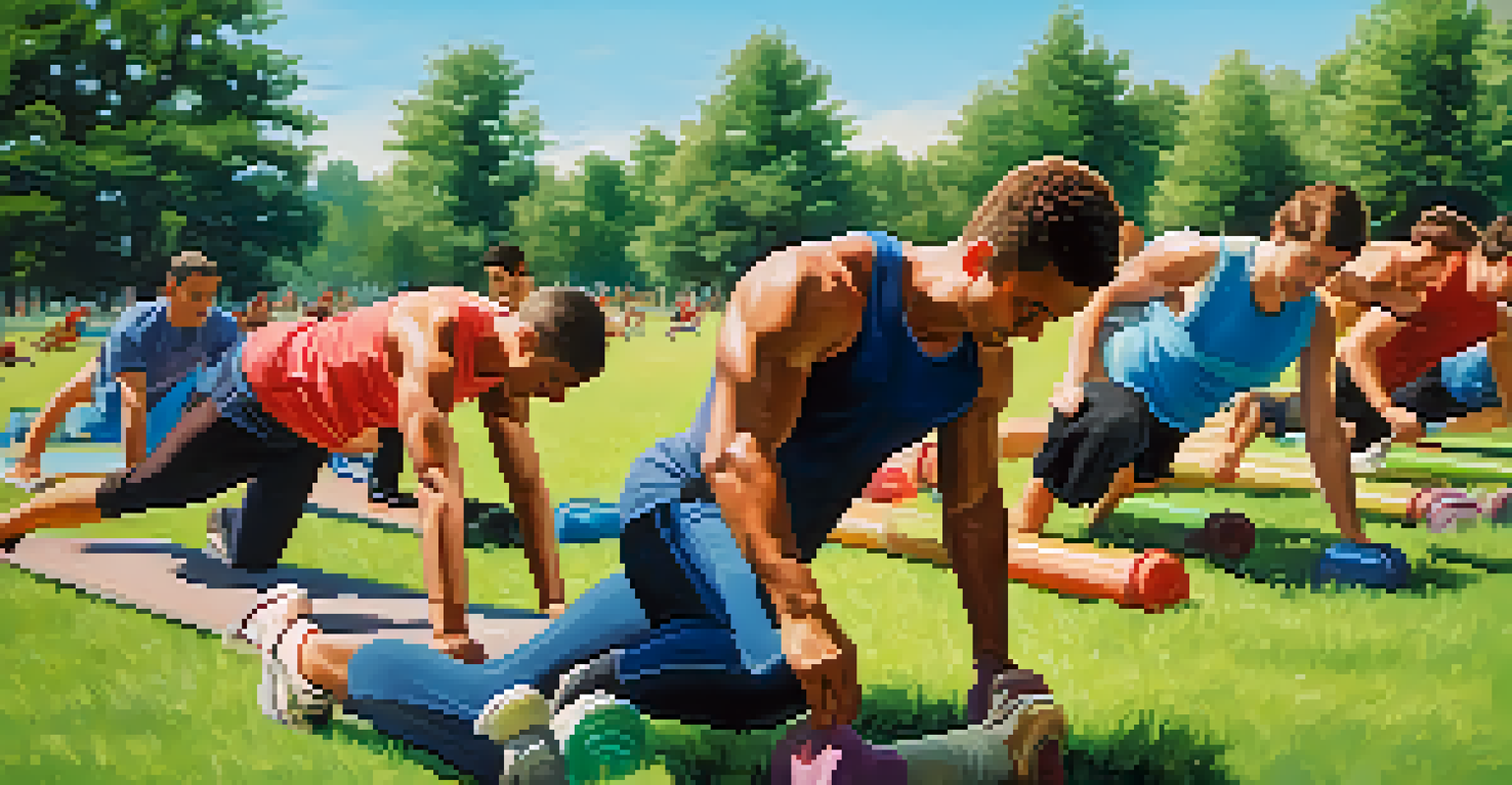 A group of friends exercising together in a park during an outdoor boot camp, performing lunges and push-ups under a clear sky.