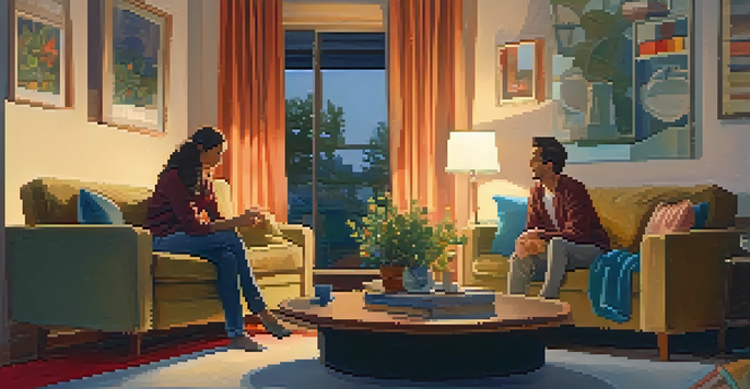 A couple having a heartfelt conversation in a cozy living room, surrounded by warm lighting and comfortable furnishings.