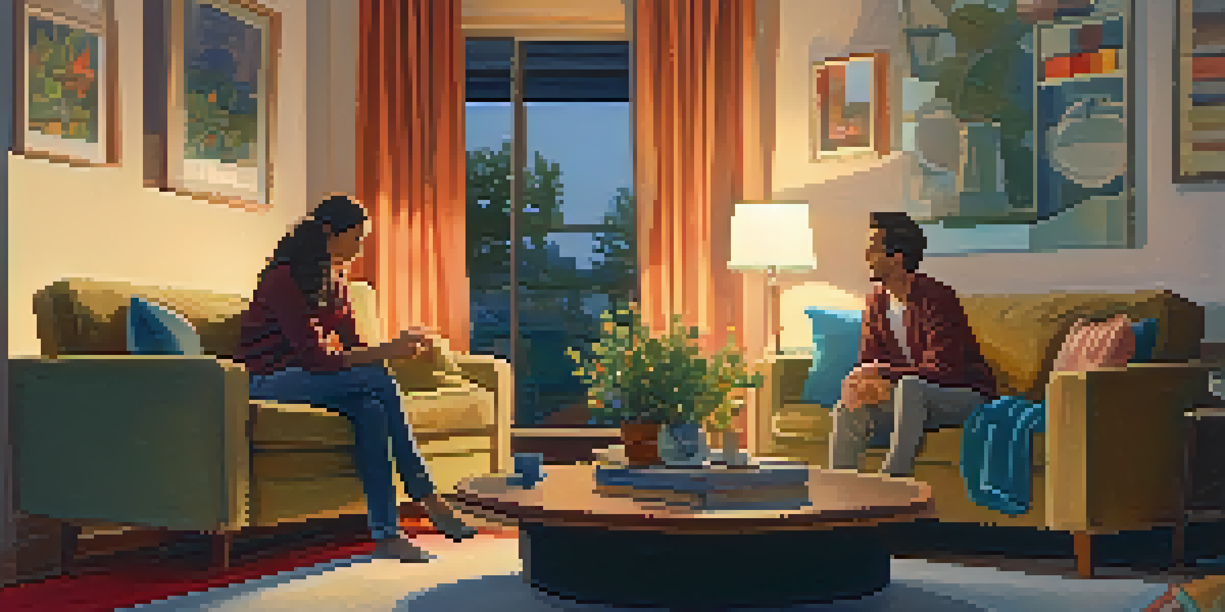 A couple having a heartfelt conversation in a cozy living room, surrounded by warm lighting and comfortable furnishings.