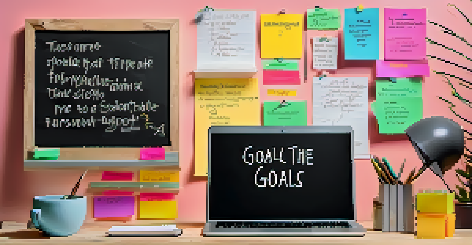 A desk with a chalkboard covered in sticky notes of goals, a laptop, and motivational quotes, representing personal growth and productivity.