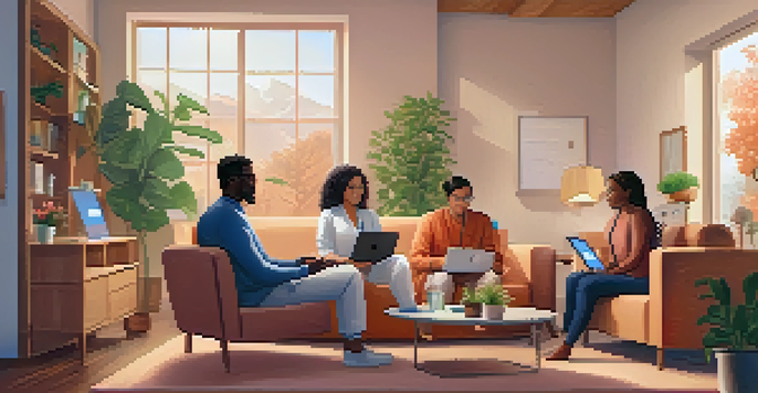 A diverse group of patients having a telehealth consultation in a cozy living room, with a healthcare provider displayed on a laptop.