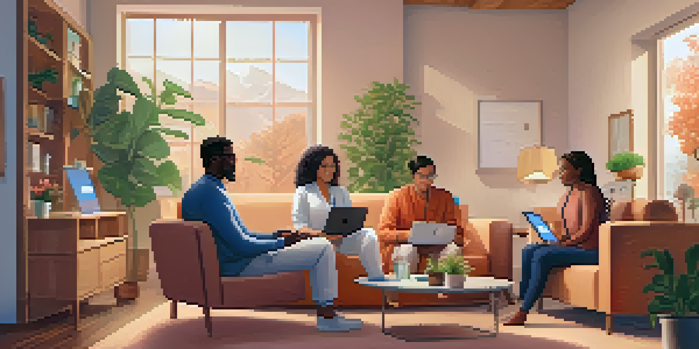 A diverse group of patients having a telehealth consultation in a cozy living room, with a healthcare provider displayed on a laptop.