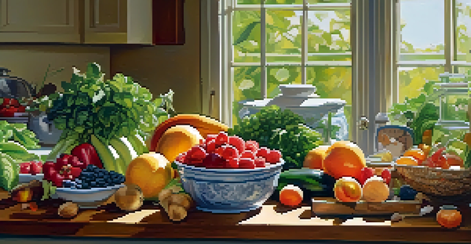 A bright kitchen countertop filled with fresh fruits and vegetables, illuminated by sunlight, showcasing a healthy lifestyle.