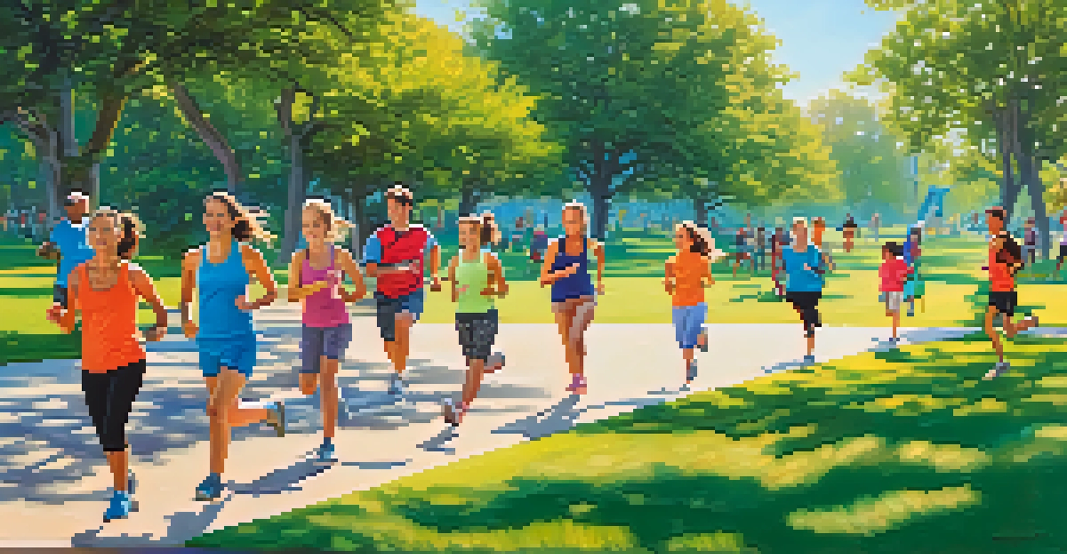 A lively park scene with people jogging, practicing yoga, and dancing, under bright blue skies.