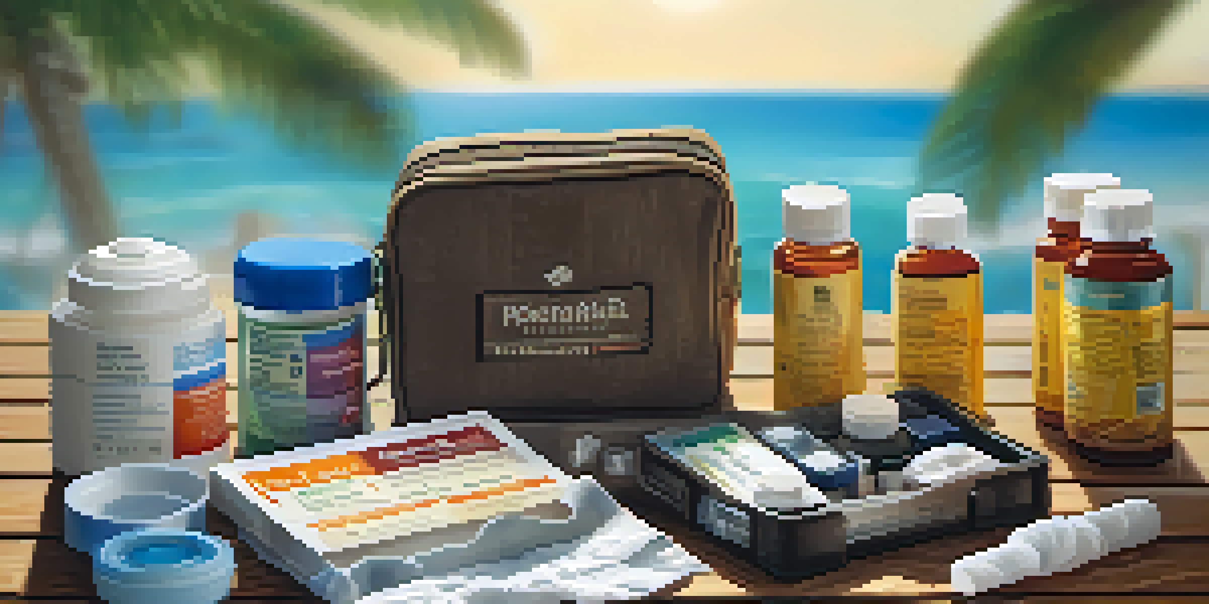 A well-stocked travel health kit on a wooden table with various health items, set against a softly blurred tropical beach background.
