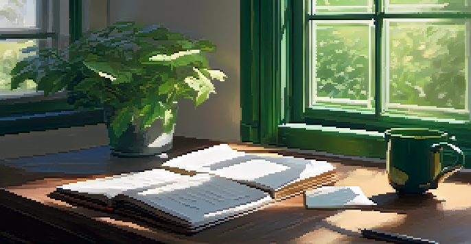 A cozy workspace featuring a wooden desk with an open journal, a cup of tea, and a view of a green garden outside.