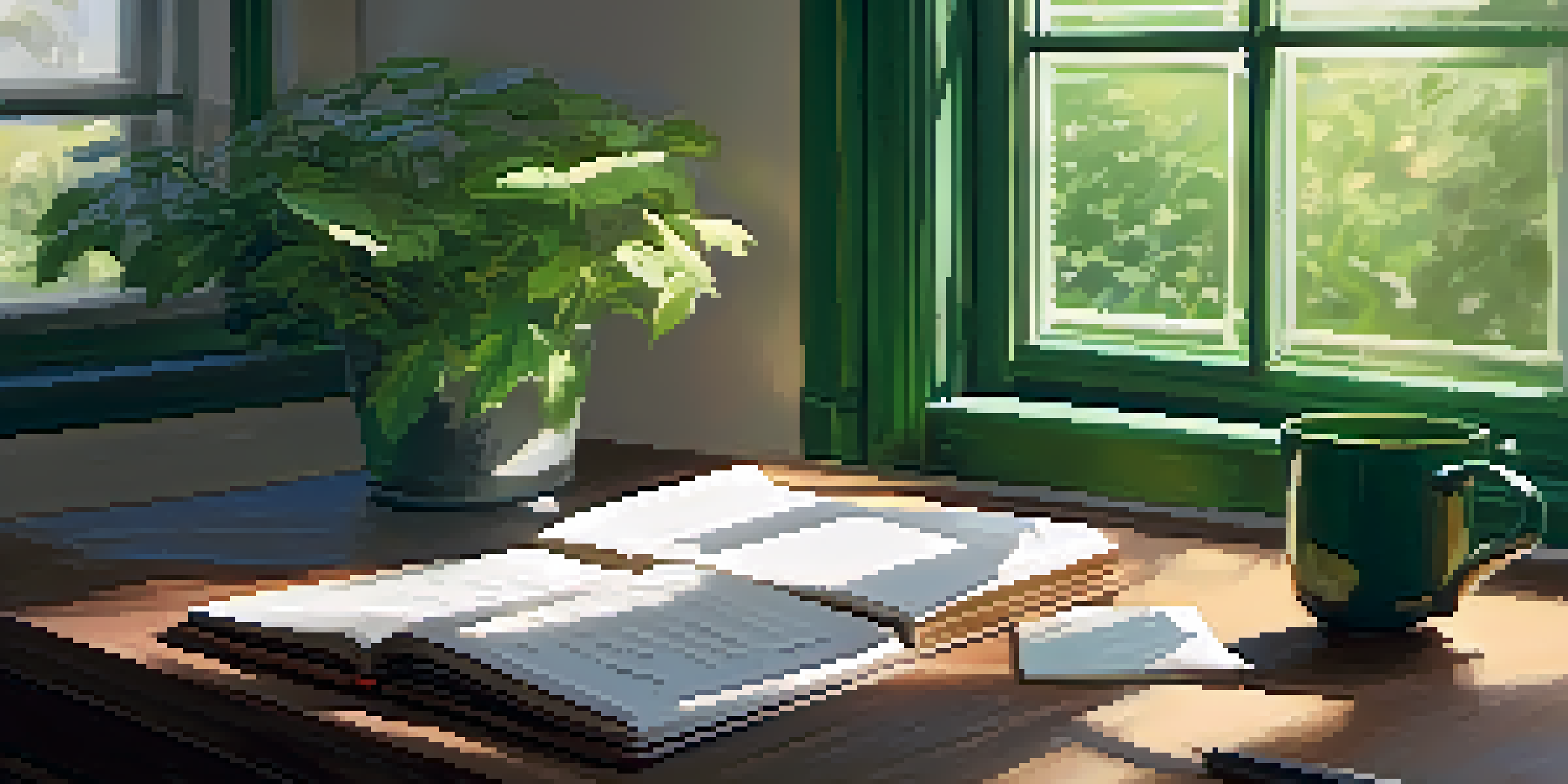 A cozy workspace featuring a wooden desk with an open journal, a cup of tea, and a view of a green garden outside.