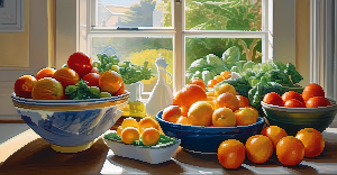 A bright kitchen with fresh fruits and vegetables on a wooden table, illuminated by sunlight from a window.