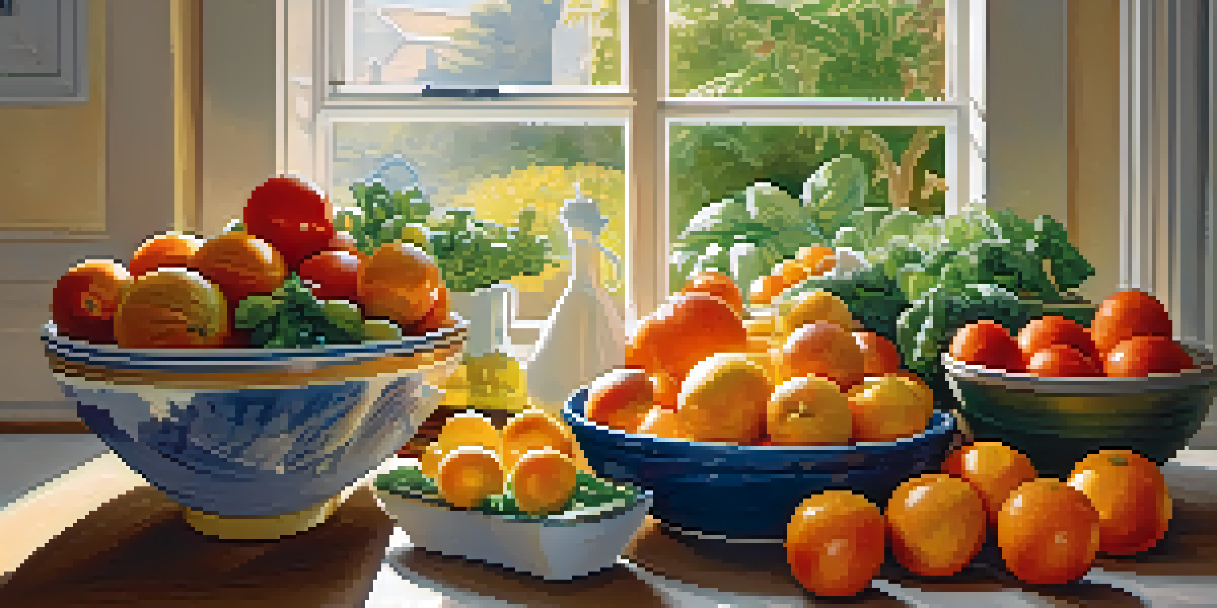 A bright kitchen with fresh fruits and vegetables on a wooden table, illuminated by sunlight from a window.