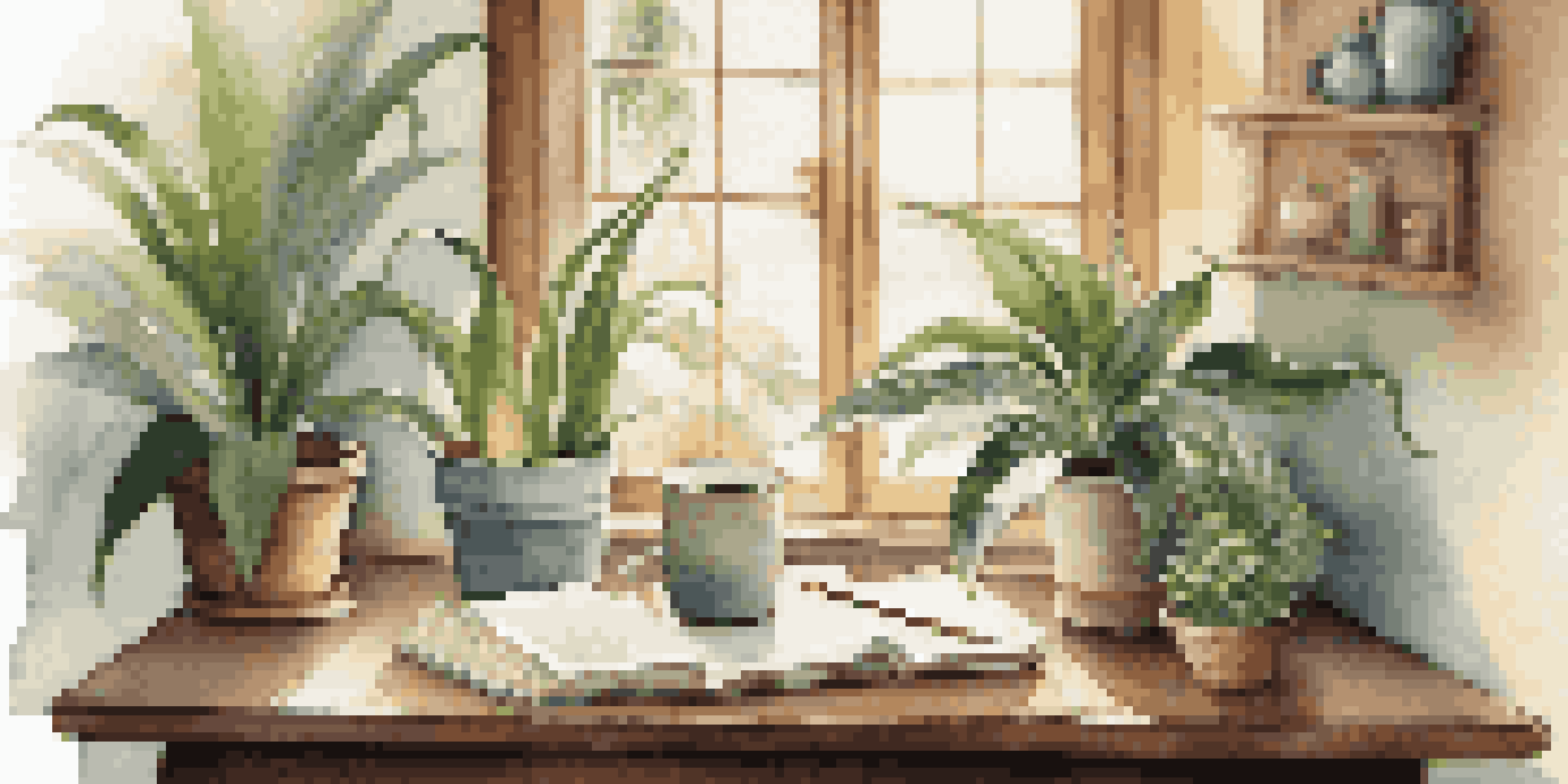A cozy indoor corner with various houseplants, a cup of tea, and a journal, illuminated by soft sunlight.