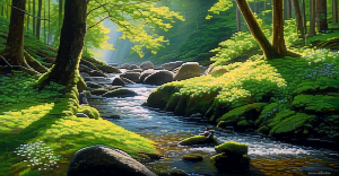 A person meditating in a tranquil forest setting with sunlight shining through the trees, a stream nearby, and colorful wildflowers around.