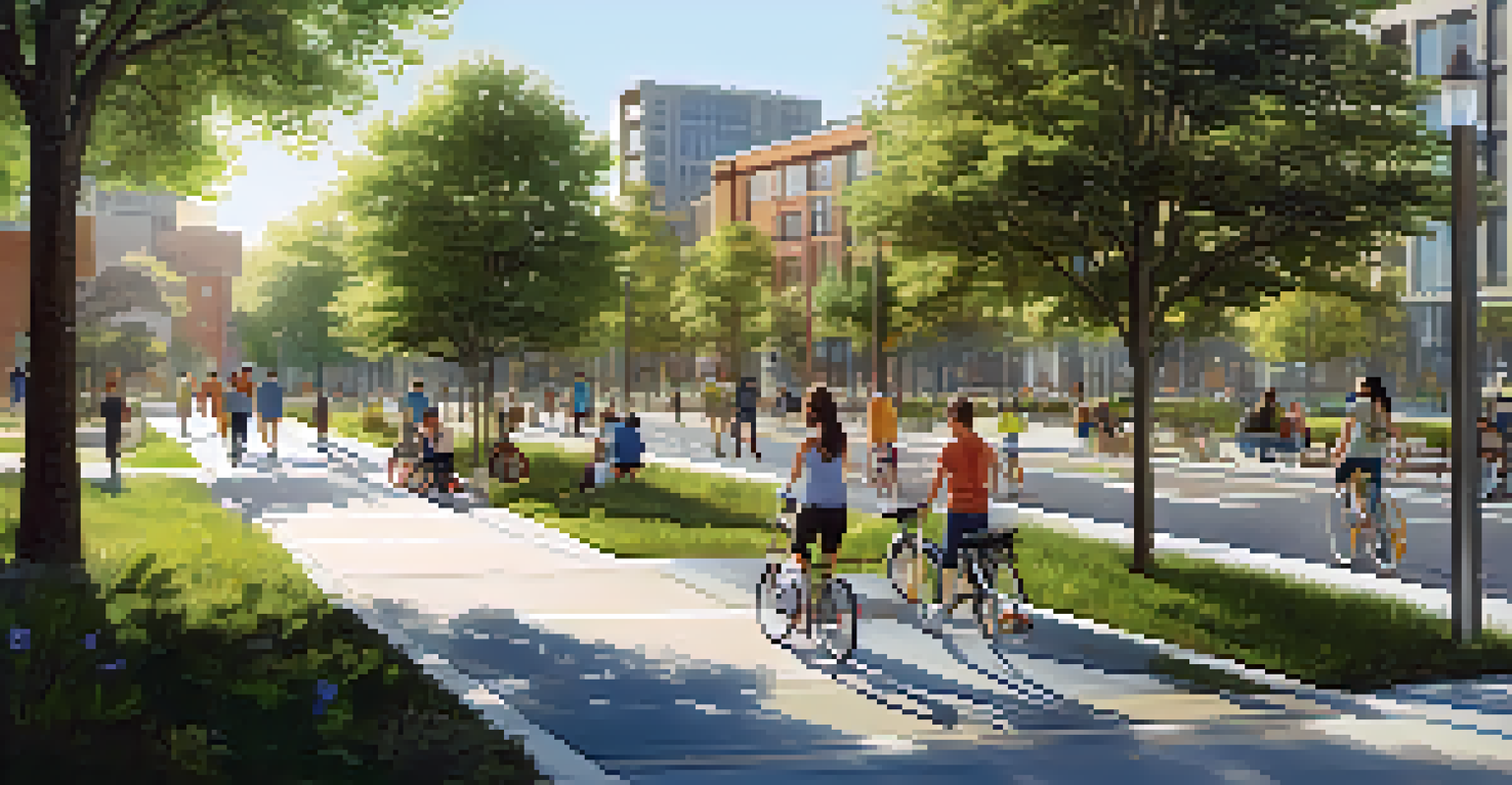 An urban area showcasing bike lanes and walking trails with families biking and walking, surrounded by modern buildings and greenery in bright lighting.