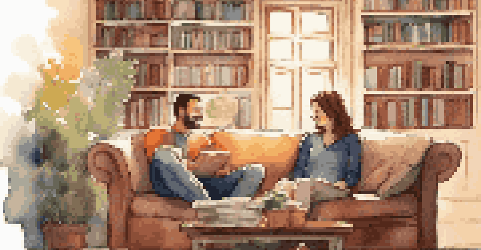 A couple sitting on a couch in a cozy room, talking and laughing together, surrounded by warm lighting.