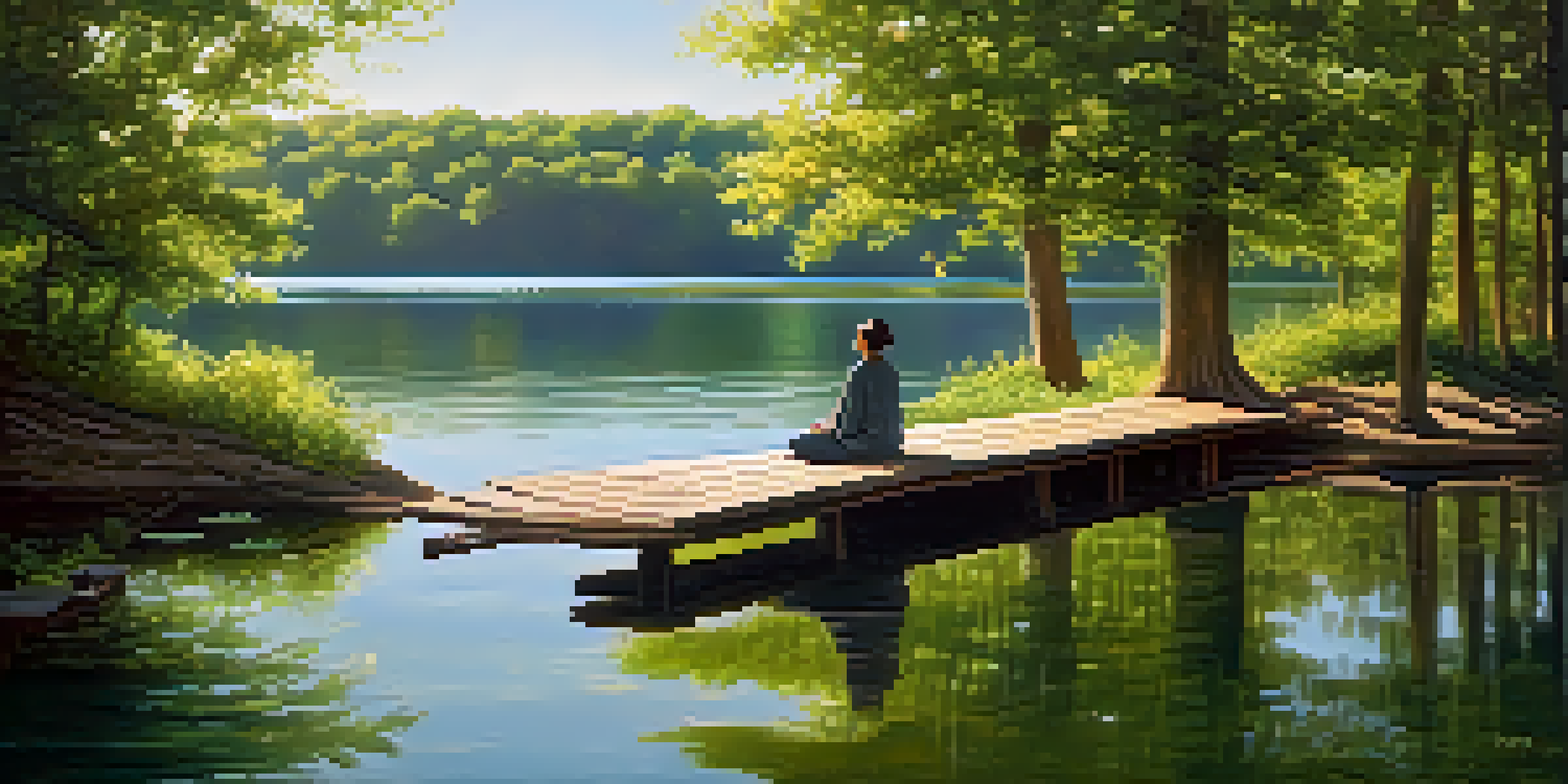 A peaceful scene with a person meditating on a wooden dock by a calm lake surrounded by trees, under a bright blue sky.
