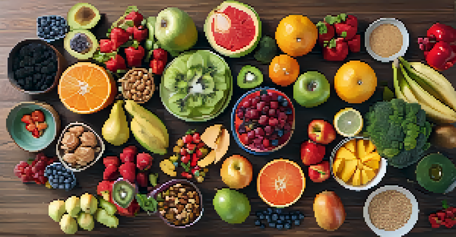 An overhead view of a balanced plate with fruits, vegetables, proteins, and grains in natural light.