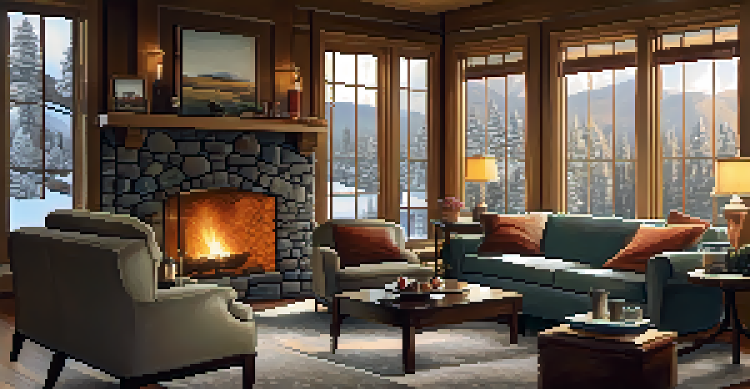 A cozy living room with a fireplace, a sofa with pillows, a coffee table with tea, and a snowy landscape visible through the window.
