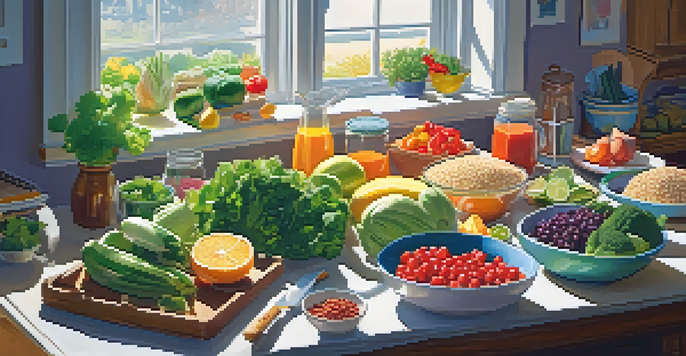 A colorful kitchen table with fresh fruits, vegetables, and healthy meal prep items, with a person chopping vegetables.