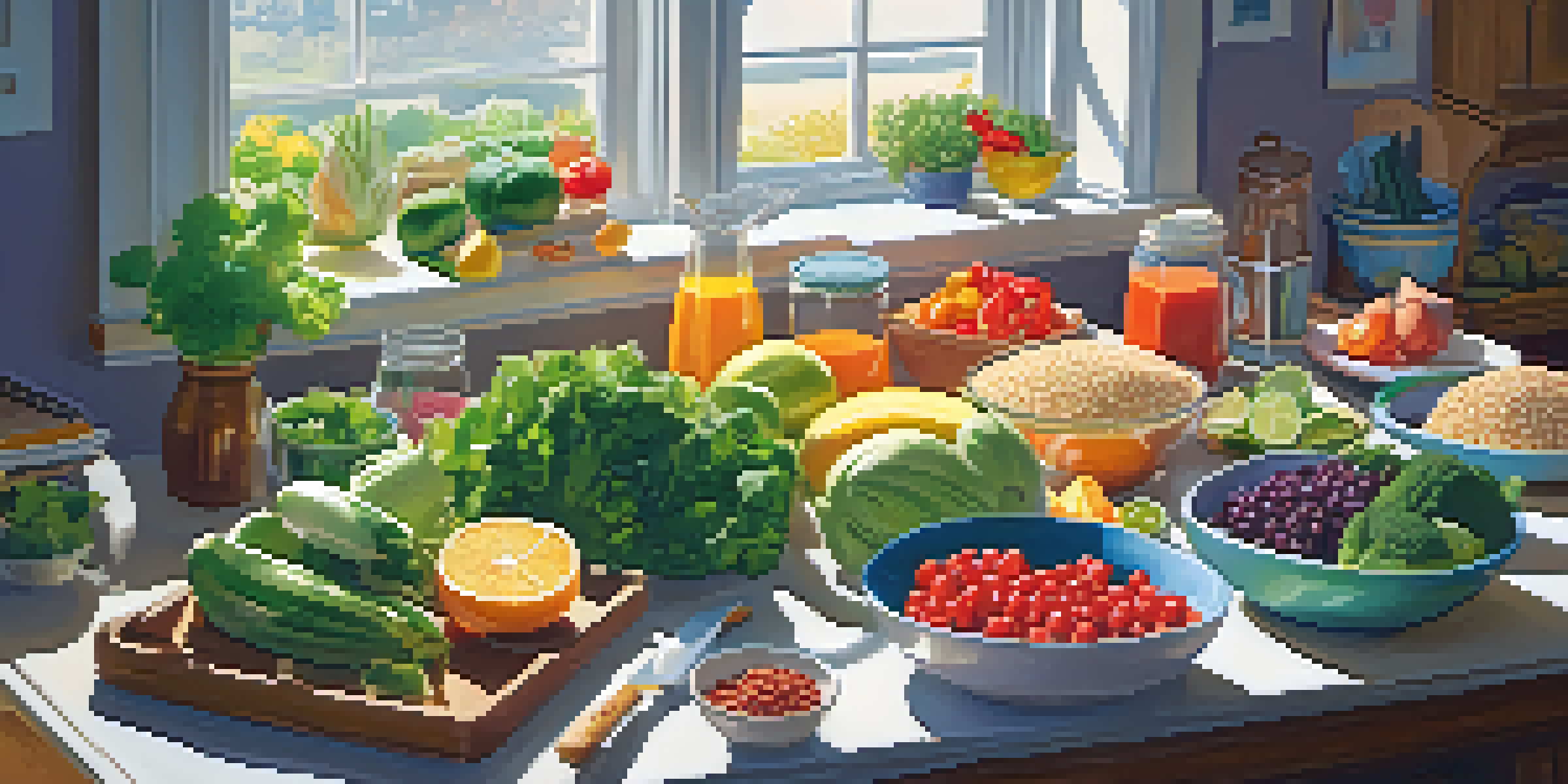 A colorful kitchen table with fresh fruits, vegetables, and healthy meal prep items, with a person chopping vegetables.