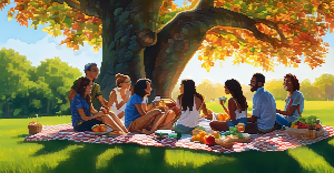 A diverse group of friends enjoying a picnic under a tree, sharing food and laughter, surrounded by lush greenery.