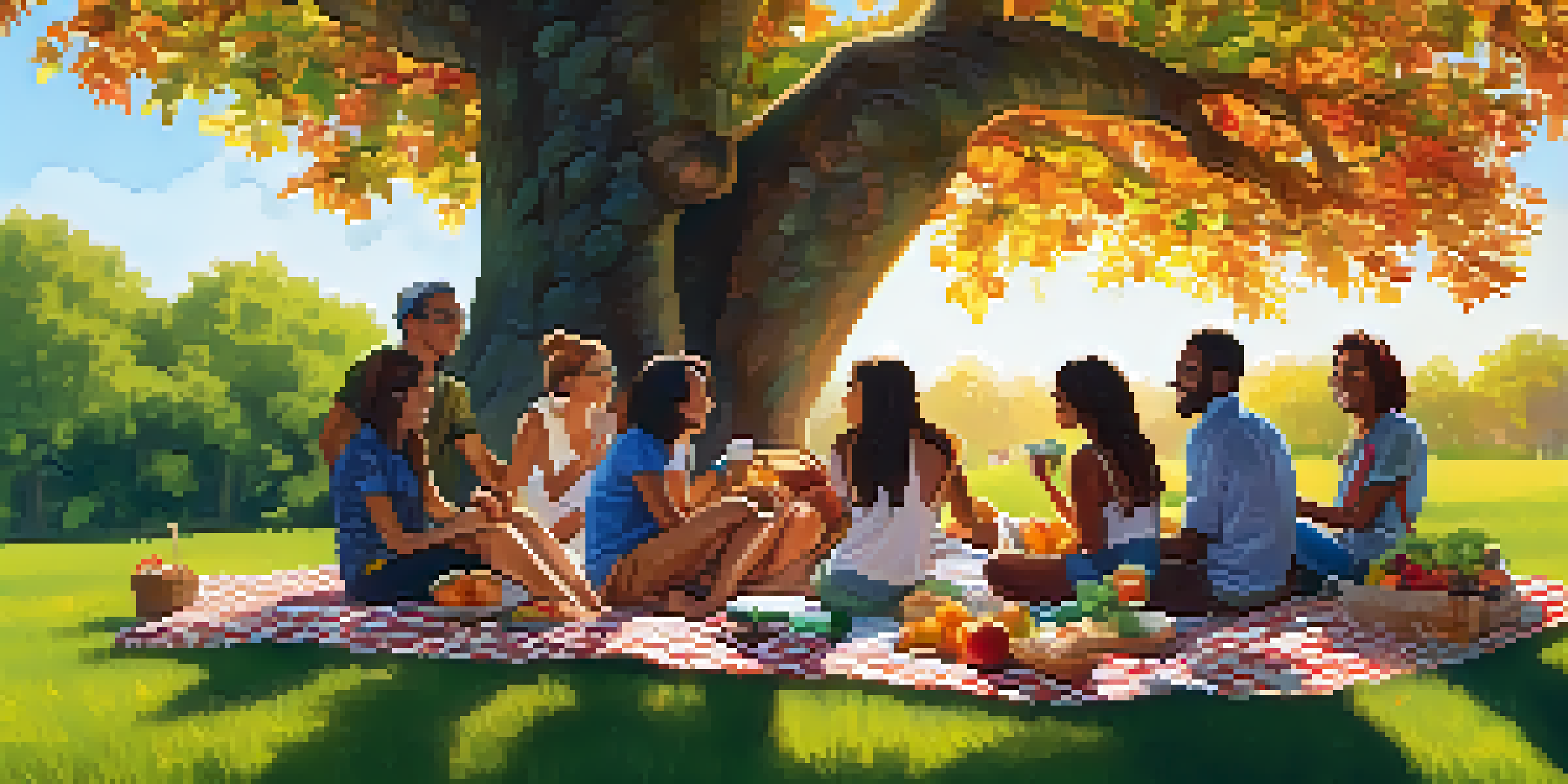 A diverse group of friends enjoying a picnic under a tree, sharing food and laughter, surrounded by lush greenery.