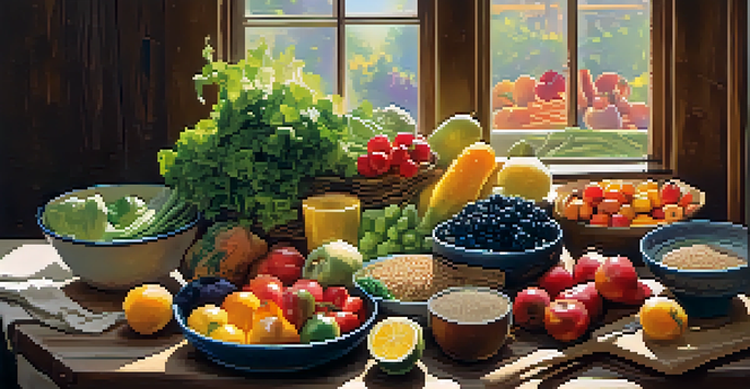A plate filled with vibrant fruits, vegetables, whole grains, and proteins, illuminated by soft sunlight on a wooden table.