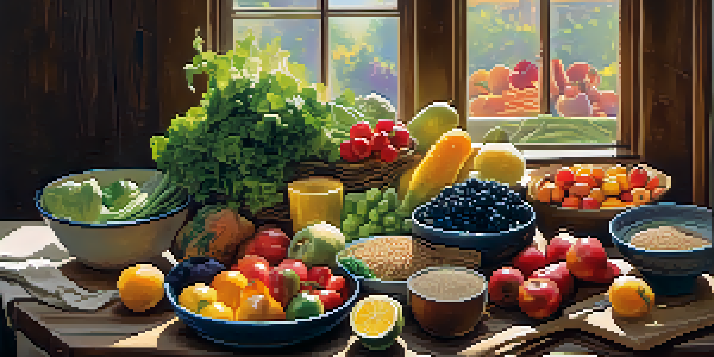 A plate filled with vibrant fruits, vegetables, whole grains, and proteins, illuminated by soft sunlight on a wooden table.