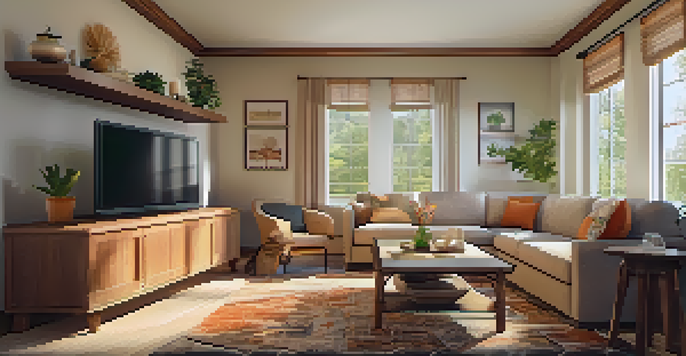 A safe and comfortable living room for seniors, showcasing safety features and warm decor.