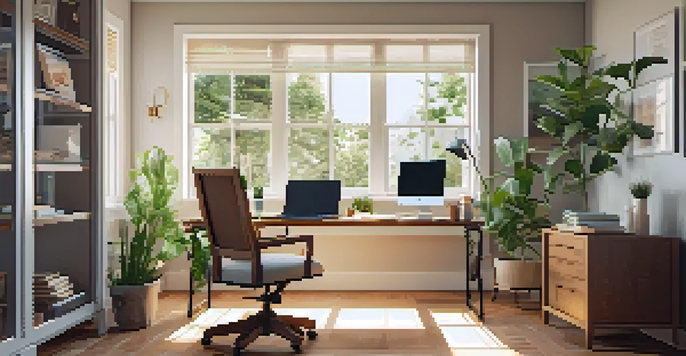 A cozy home office with a laptop on a desk, plants, and natural light streaming in through a window.