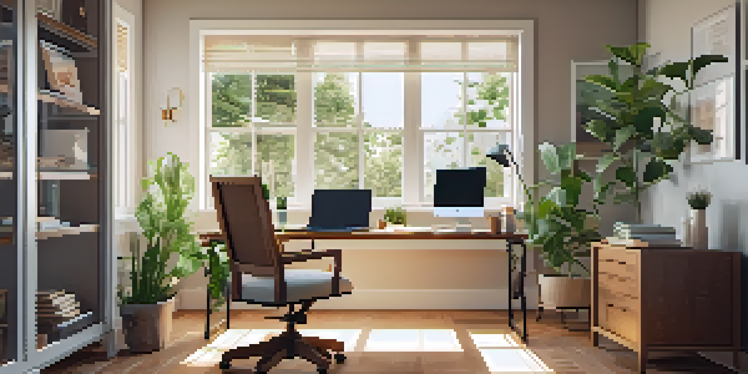 A cozy home office with a laptop on a desk, plants, and natural light streaming in through a window.