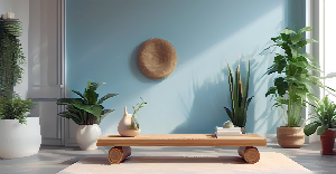 A peaceful meditation space with natural light, organic cotton cushions, and indoor plants, promoting a calming environment.