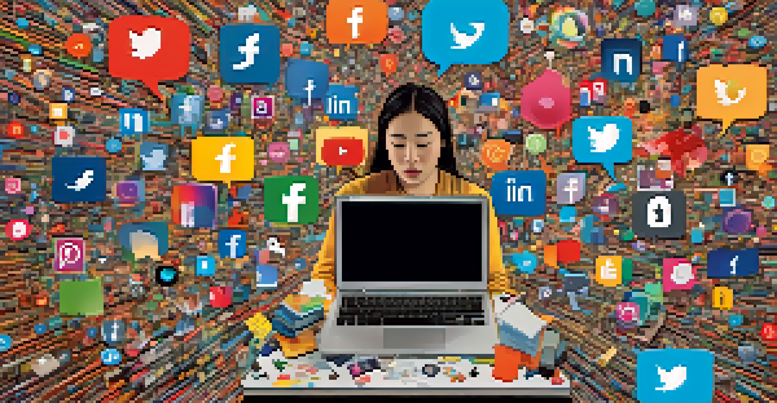 A person looking overwhelmed by floating social media icons in a colorful, chaotic digital environment.