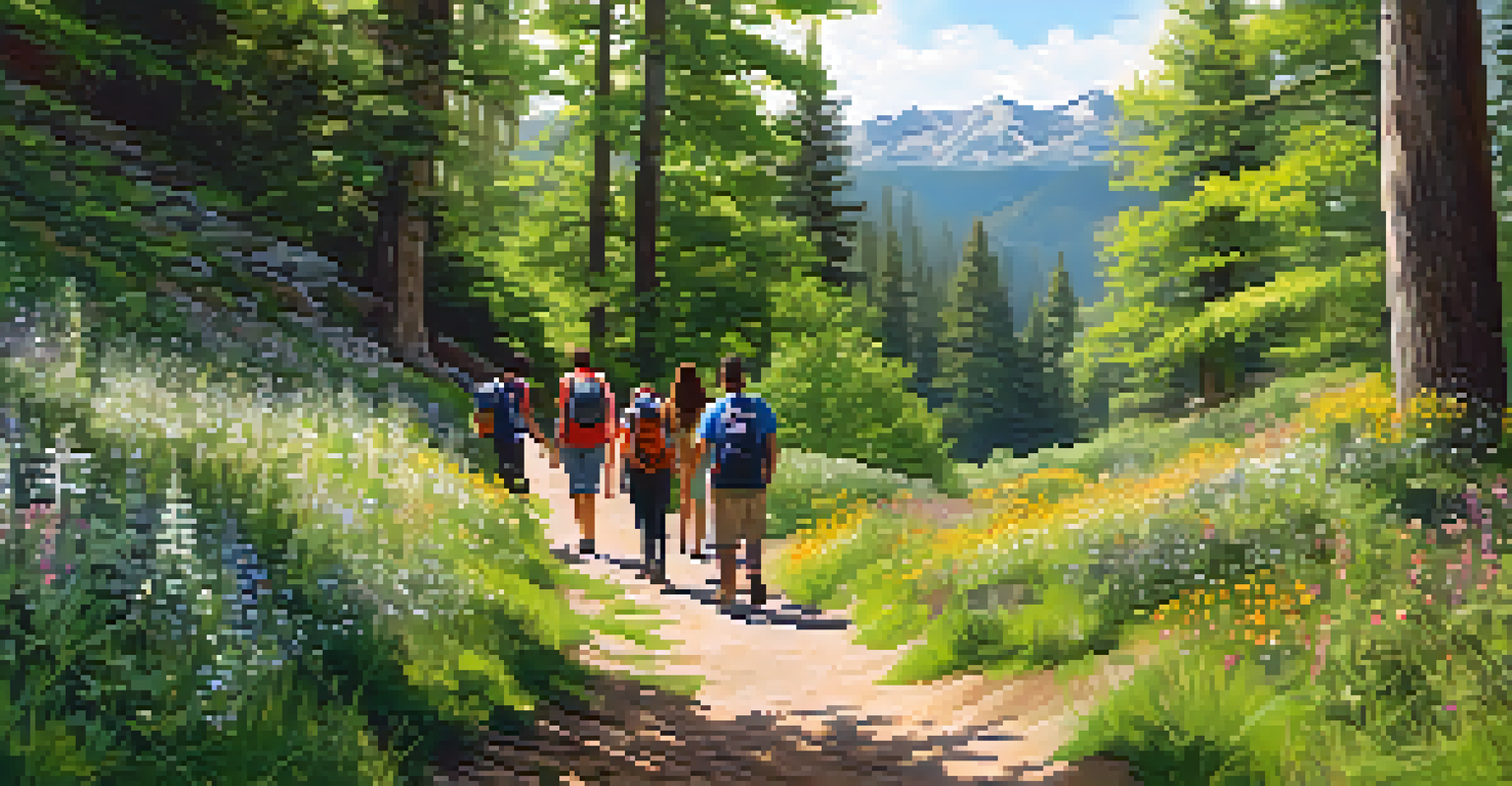 A diverse group of people hiking on a sunny day, enjoying nature and connecting with each other.